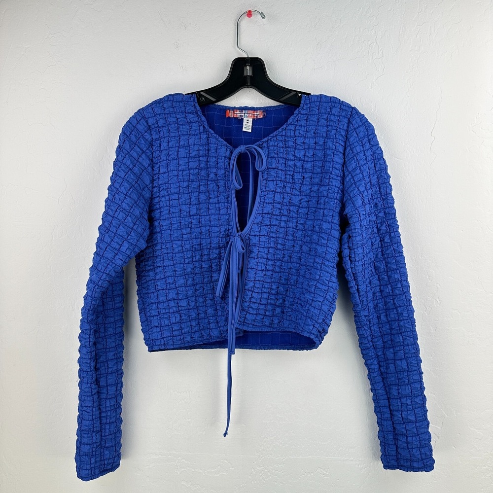 Urban Outfitters Tie Front Shirt M Blue Croppedโ Popcorn Textured Quilted Spring